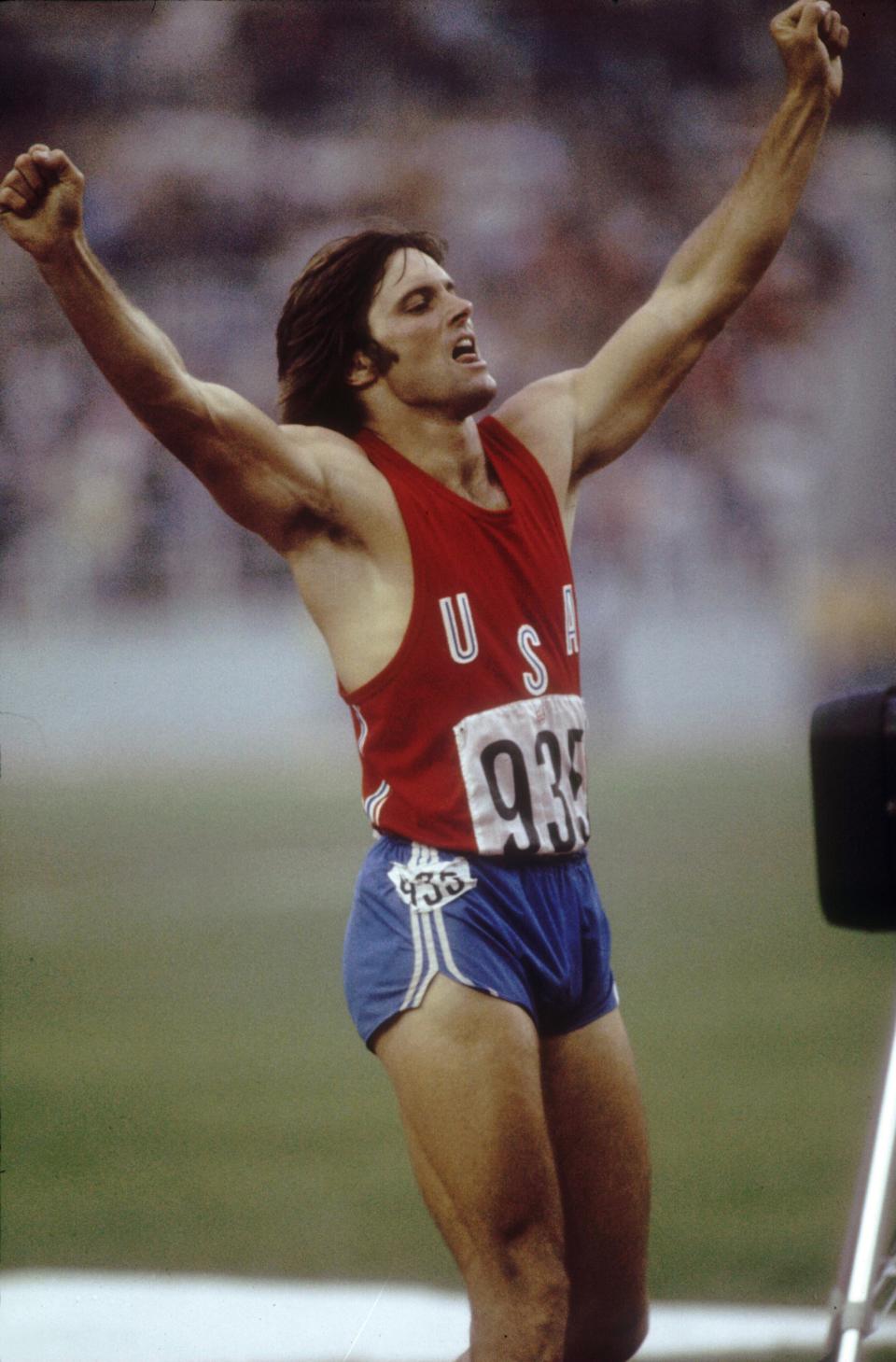 Jul 1976:  Bruce Jenner of the USA celebrates during his record setting performance in the decathlon in the 1976 Summer Olympics in Montreal, Canada.  Mandatory Credit:  Tony Duffy/Allsport