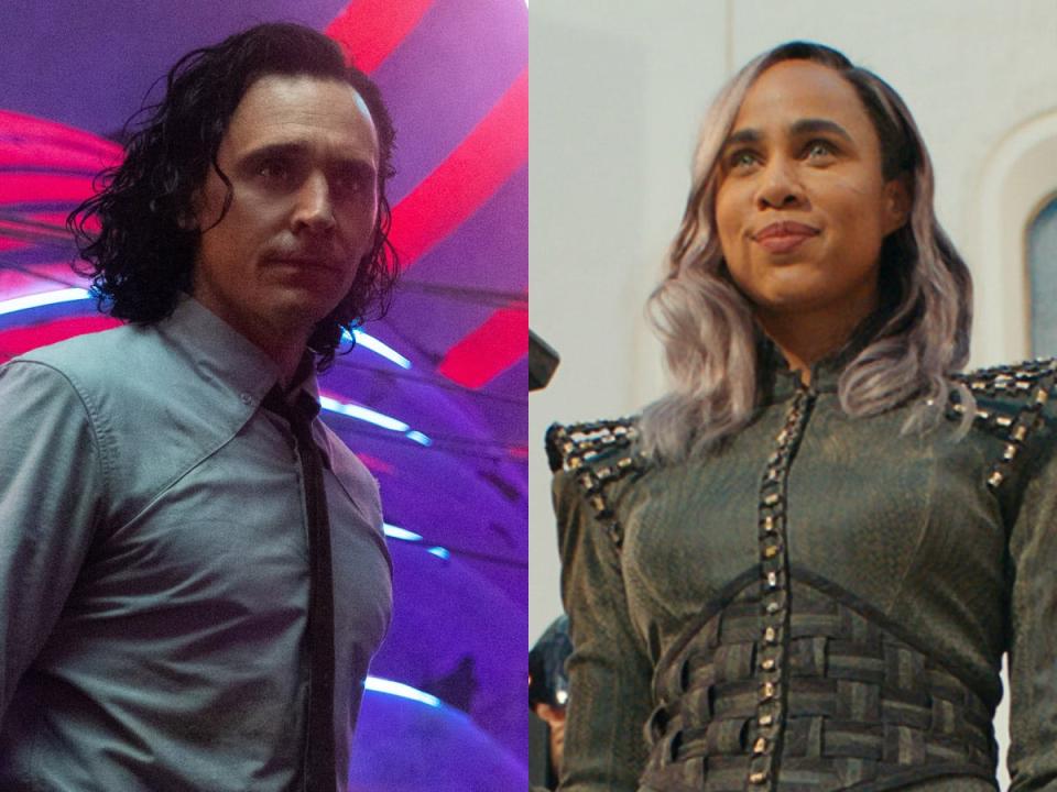 Left: Tom Hiddleston as Loki on season one of "Loki." Right: Zawe Ashton as Dar-Benn in "The Marvels."