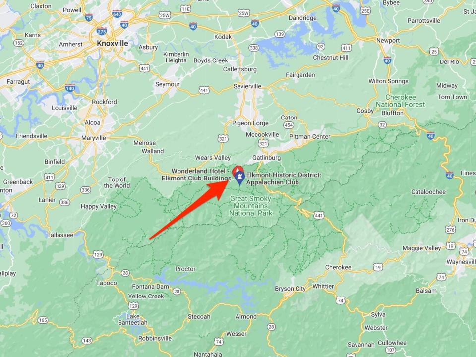 A map of Tennessee has a red arrow pointing to Elkmont Historic District.