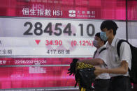 People wearing face masks walk past a bank's electronic board showing the Hong Kong share index in Hong Kong, Tuesday, June 22, 2021. Asian shares have rebounded from their retreat a day earlier, tracking Wall Street's recovery from the Federal Reserve's reminder it will eventually provide less support to markets. (AP Photo/Kin Cheung)