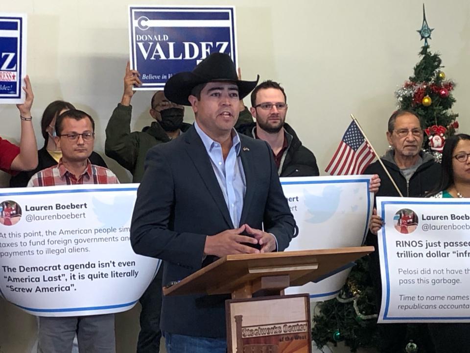 Donald Valdez, candidate for U.S. Congress, speaks during a press conference at Pueblo's Steelworks Center of the West held on Tuesday, Dec. 7, 2021.