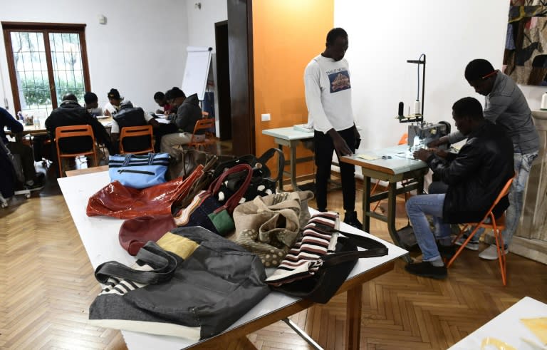 Handbags made by migrants at the Lai-Momo headquarters, a vocational training programme to teach skills in leather bag making to those seeking asylum in Italy