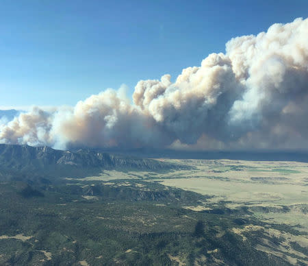 Smoke is seen from a fire in this aerial shot above Cimarron, New Mexico, U.S., June 1, 2018 in this picture obtained from social media on June 2, 2018. Justin Hawkins/via REUTERS