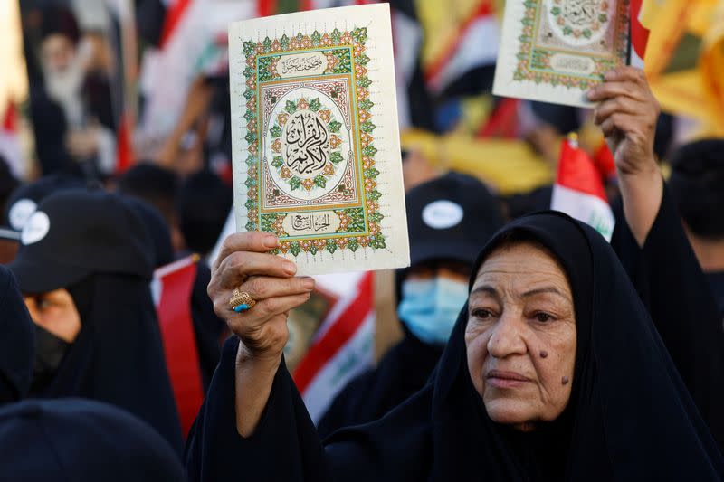 Iraqis demonstrate against the desecration of the Koran in Sweden, in Baghdad