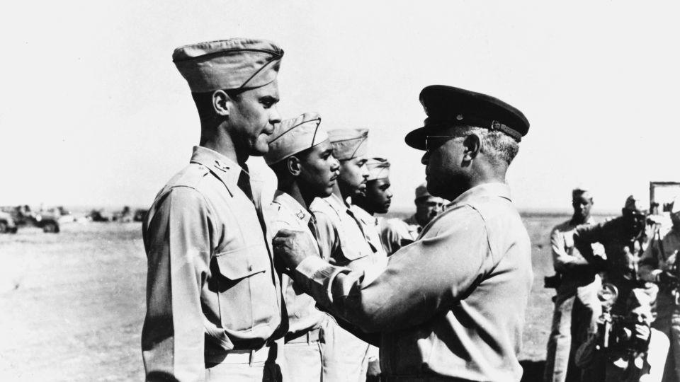 Davis Sr. was the first African American general in the United States Army. Davis Jr. later became the first African American general in the United States Air Force. He received his medal for a bomber-escort mission. - Archive Photos/Getty Images