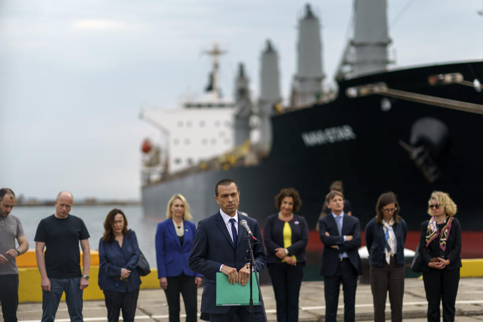 First Adviser to the French ambassador to Ukraine Bruno Caussanel speaks during a press conference with G7 ambassadors and UN representatives at the Odesa Sea Port, in Odesa, Ukraine, Friday, July 29, 2022. (AP Photo/David Goldman)