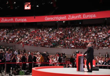 German Chancellor candidate Martin Schulz of the Social Democratic party (SPD) delivers his speech at the party convention in Dortmund, Germany, June 25, 2017. REUTERS/Wolfgang Rattay