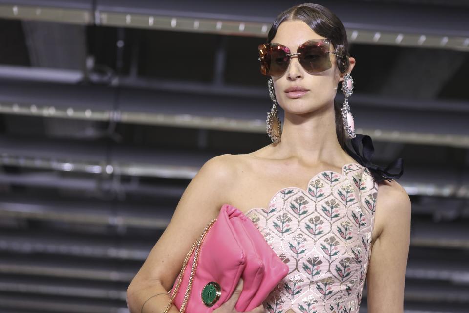 A model wears a creation for the Giambattista Valli ready-to-wear Spring/Summer 2023 fashion collection presented Friday, Sept. 30, 2022 in Paris. (Photo by Vianney Le Caer/Invision/AP)