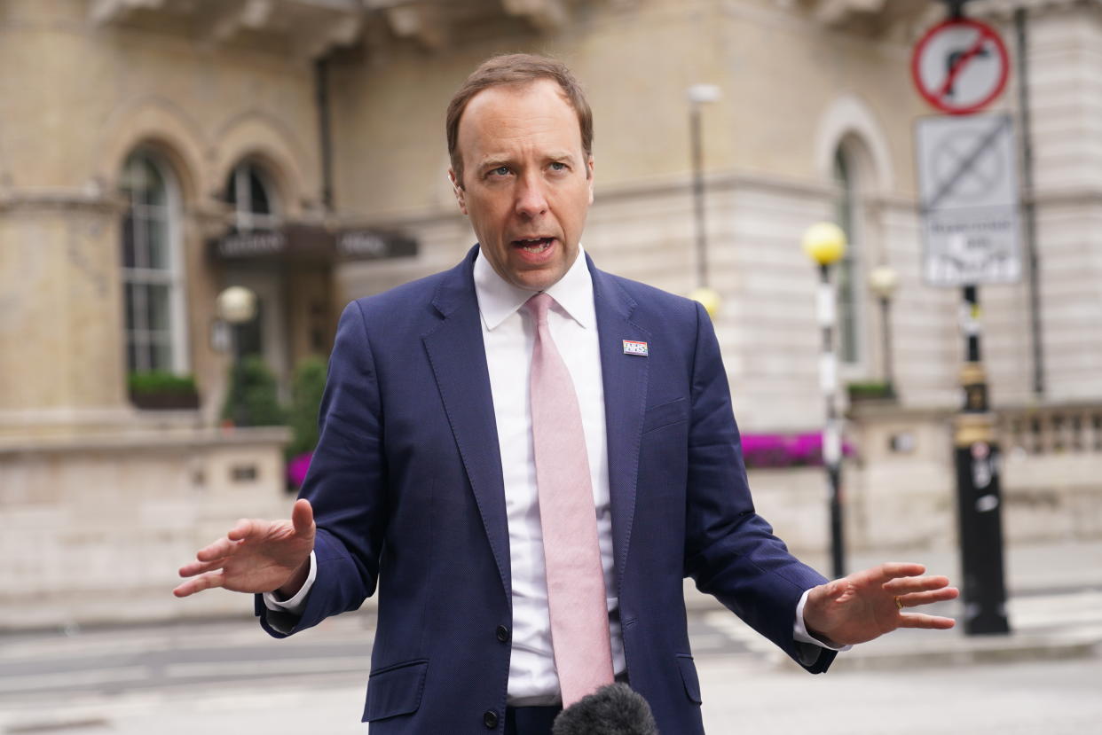 Health Secretary Matt Hancock arrives at BBC Broadcasting House in central London for his appearance on the BBC1 current affairs programme, The Andrew Marr Show. Picture date: Sunday May 16, 2021.