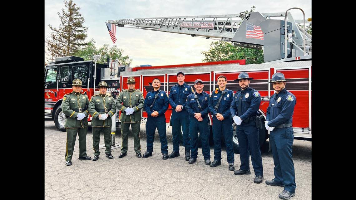 Local law enforcement, first responders and members of the community gather to remember those who lost their lives in the Sept. 11, 2001 terrorist attacks, during a ceremony in Atwater, Calif., on Sunday, Sept. 11, 2022. Image courtesy of Merced County Sheriff’s Office.