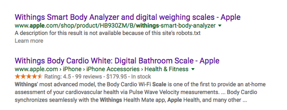 Apple's listings for Withings products still show up in Google searches.