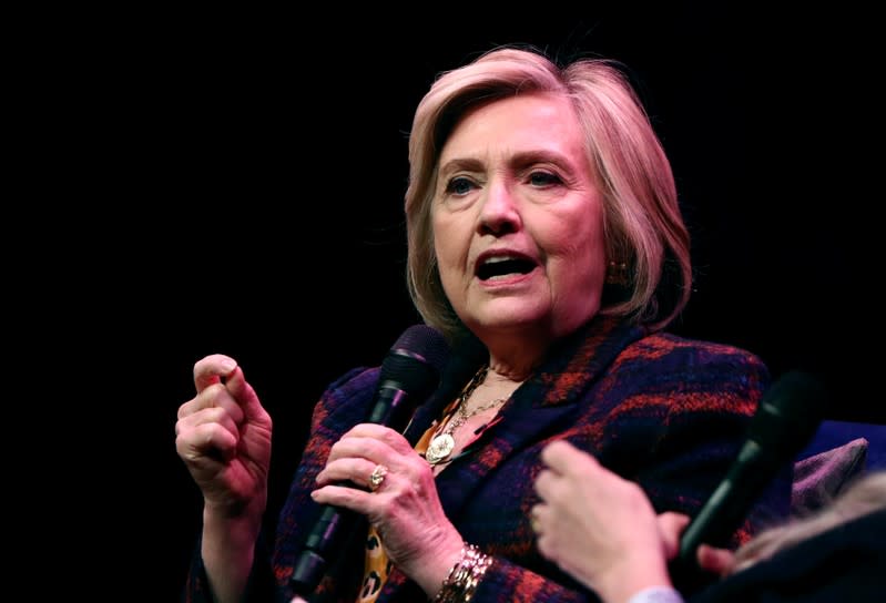 FILE PHOTO: Former U.S. Secretary of State Hillary Clinton speaks during an event promoting "The Book of Gutsy Women" at the Southbank Centre in London