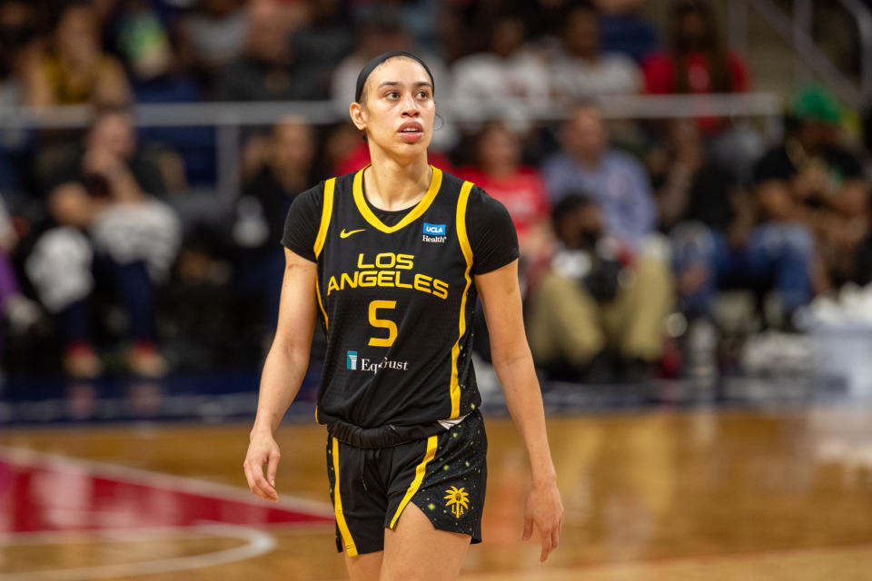 WASHINGTON, DC - AUGUST 04: Los Angeles Sparks forward Dearica Hamby (5) walks on the court during the Los Angeles Sparks versus the Washington Mystics on August 4, 2023, at Entertainment and Sports Arena in Washington, DC. (Photo by Charles Brock/Icon Sportswire via Getty Images)