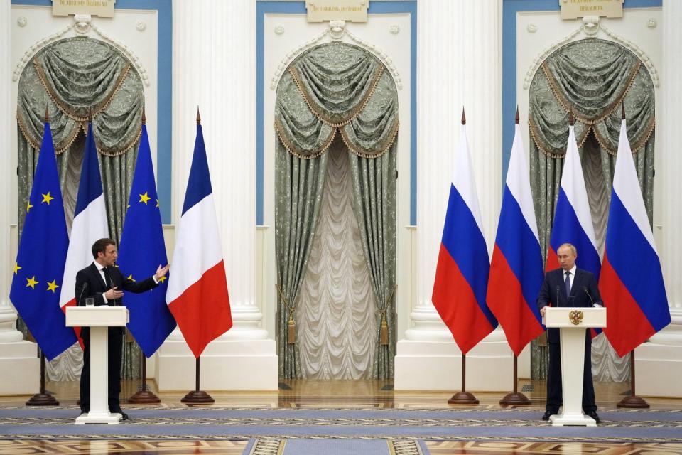 <span class="caption">Macron and Russian President Vladimir Putin held a joint press conference at the Kremlin in February.</span> <span class="attribution"><span class="source">Thibault Camus/EPA/AAP</span></span>