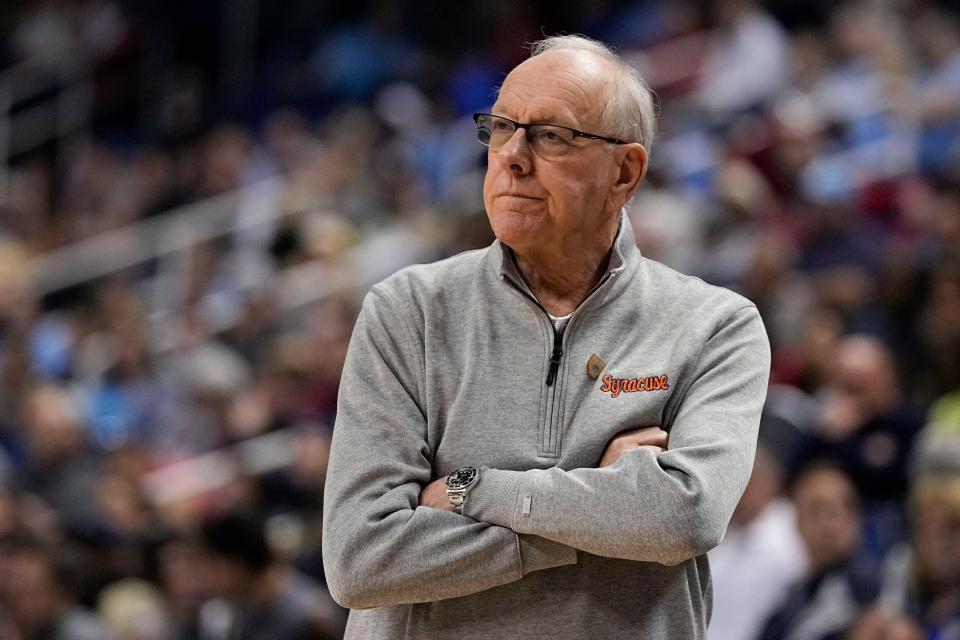 Syracuse coach Jim Boeheim watches his team during the Orange's loss to Wake Forest during the second round of the 2023 ACC tournament, Wednesday, March 8, 2023, in Greensboro, N.C.