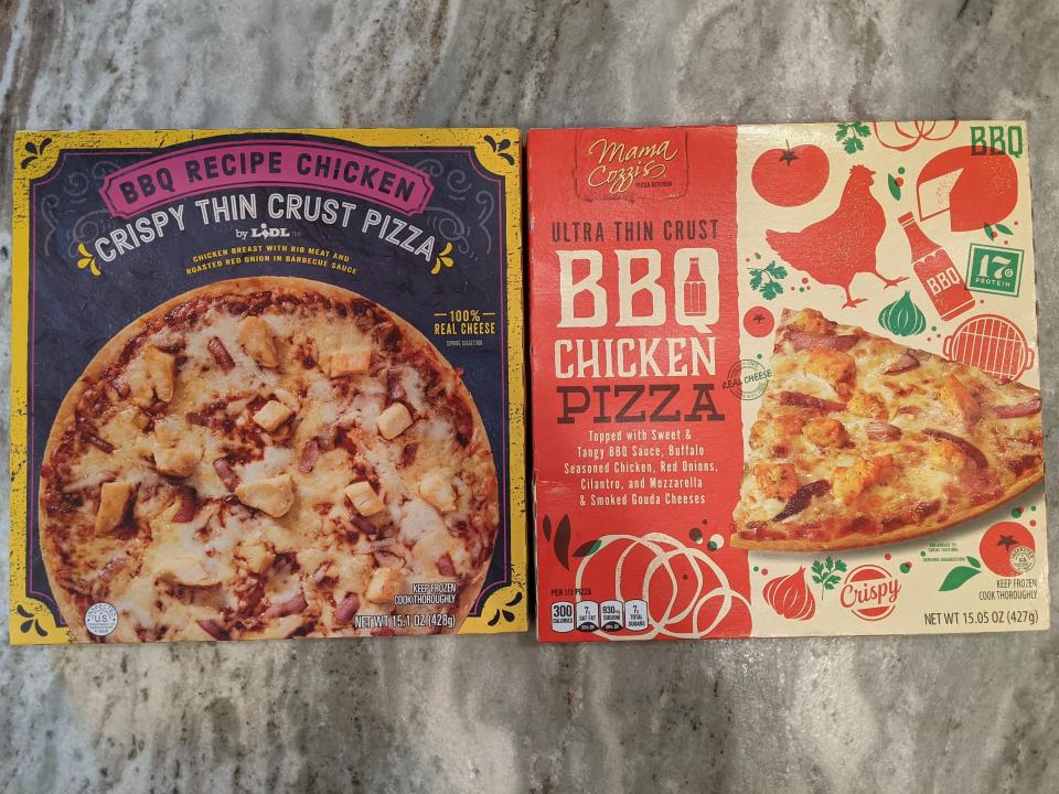 boxes of lidl and aldi's barbecue chicken frozen pizzas on a countertop
