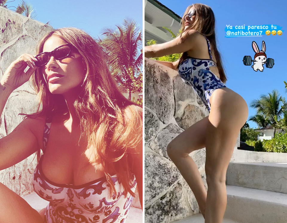 L: Sofia Vergara poses in a white bustier swimsuit with blue patterns while sitting. R: Sofia Vergara poses in a white bustier swimsuit with blue patterns while standing on a set of stairs and leaning against a rock wall