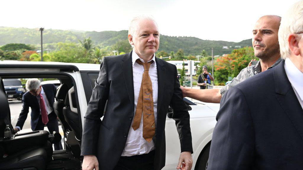 WikiLeaks founder Julian Assange arrives for a court hearing at the US Federal Courthouse in the Commonwealth of the Northern Mariana Islands in Saipan, Northern Mariana Islands, on June 26, 2024, after reaching a plea deal with US authorities.