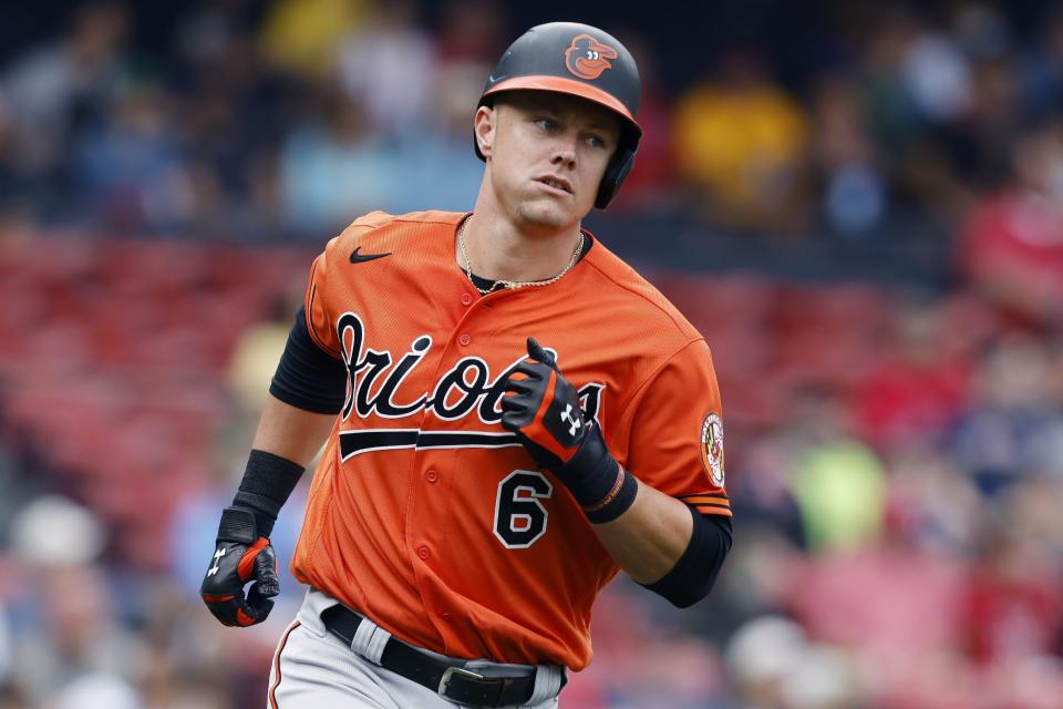 Baltimore Orioles' Ryan Mountcastle runs the bases after hitting a two-run home run during the first inning of a baseball game against the Boston Red Sox, Saturday, Sept. 18, 2021, in Boston. (AP Photo/Michael Dwyer)