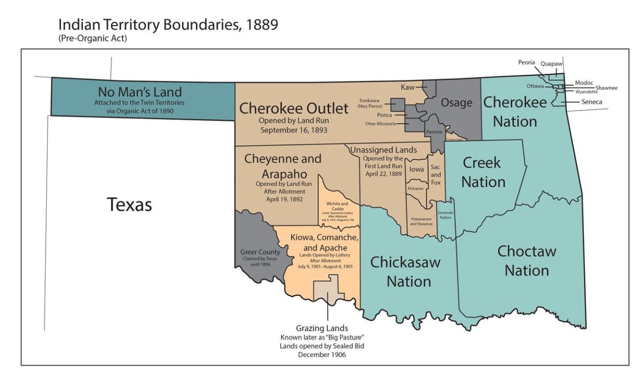 A map of tribal reservations in Oklahoma before statehood shows the historical Peoria and Ottawa reservations in the northeastern section.