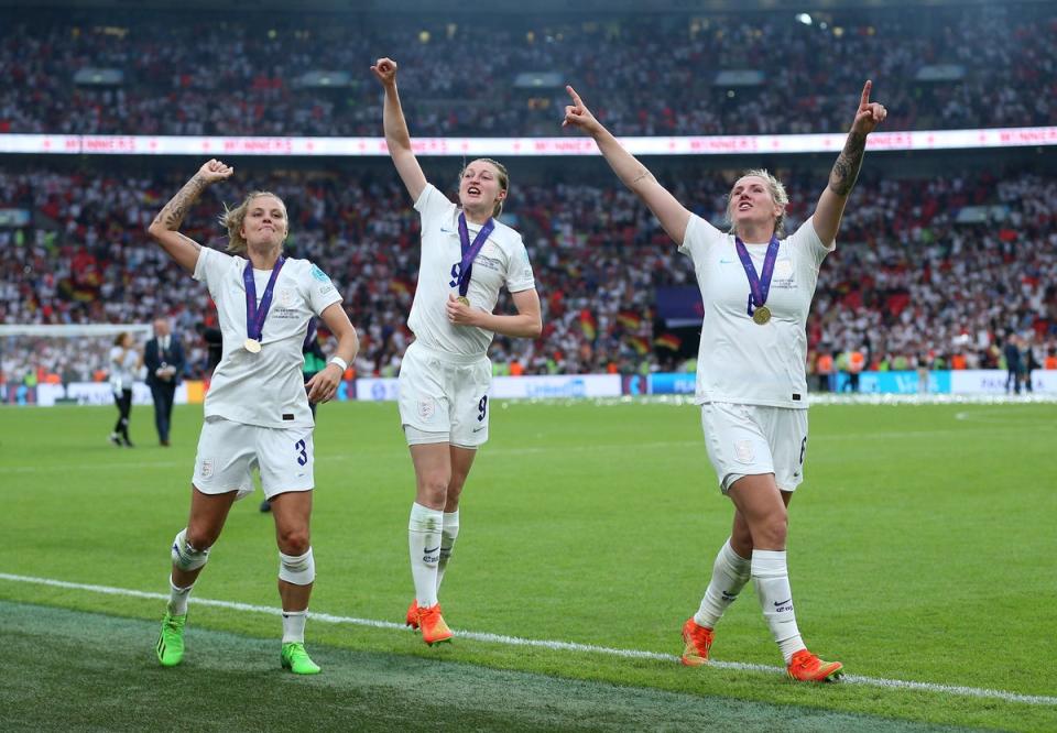 England trio Rachel Daly, Ellen White and Millie Bright sing out in the post-match celebrations (Nigel French/PA) (PA Wire)