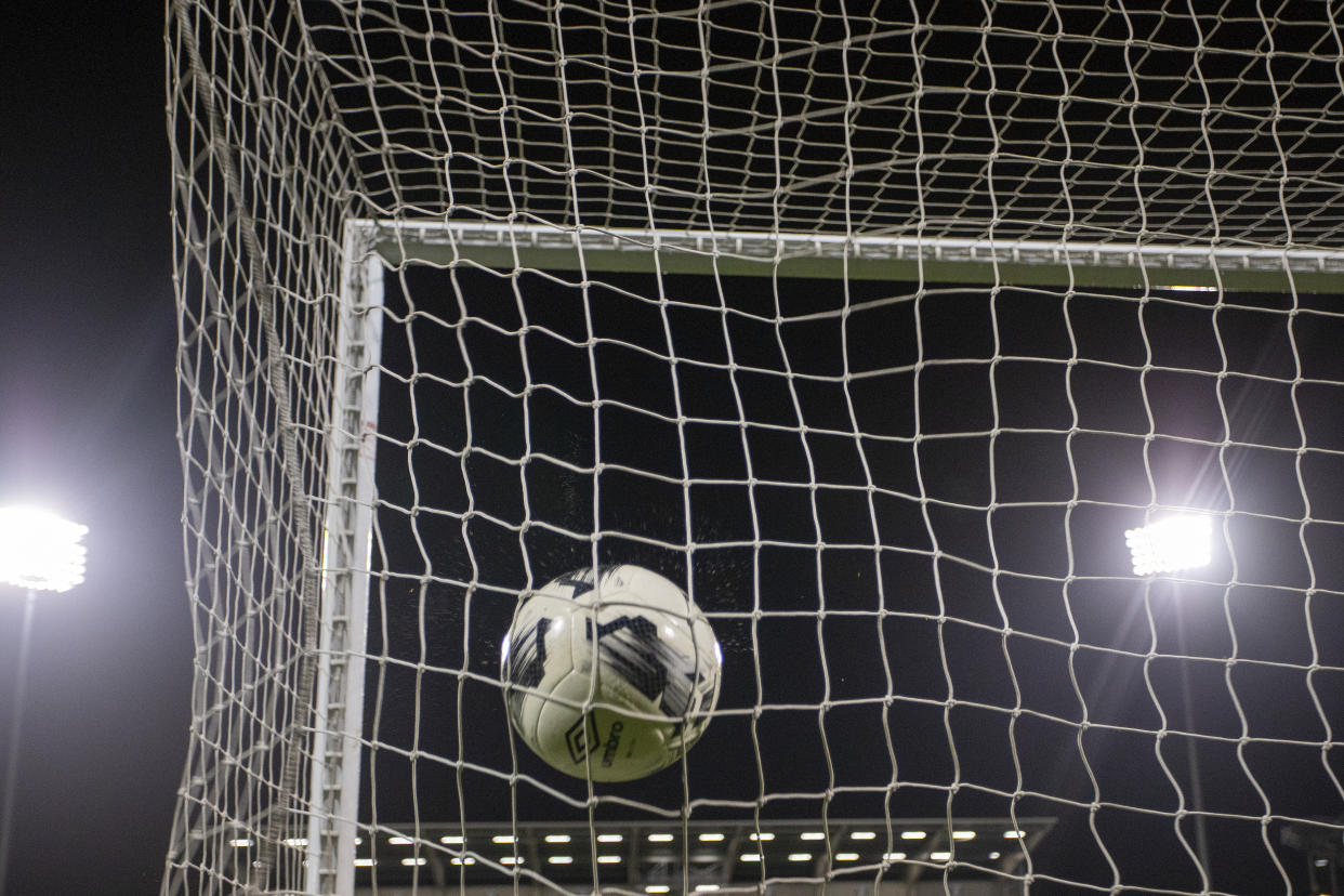 Generic soccer ball and net.