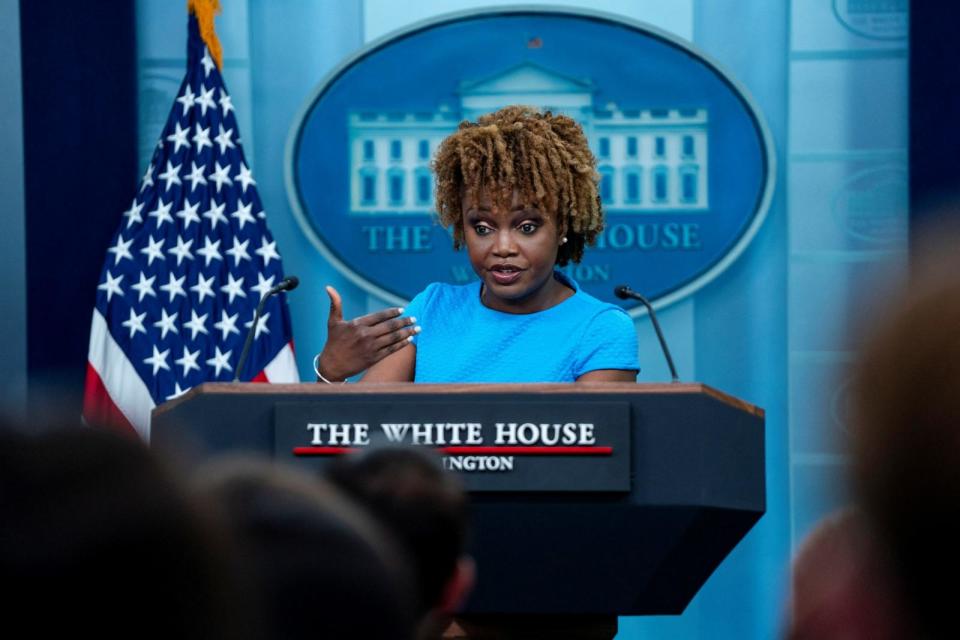 PHOTO: White House Press Secretary Karine Jean-Pierre speaks during the daily press briefing in the James S. Brady Press Briefing Room at the White House, May 1, 2024. (Bonnie Cash/Reuters)