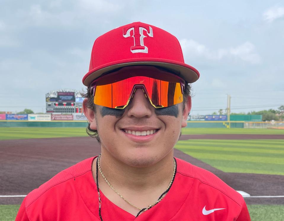 Ray leadoff hitter Ryan Rodriguez reached base four times in the Texans' 11-5 Game 2 win against Mission Veterans Memorial on Saturday, May 6, 2023 at Cabaniss Baseball Field.