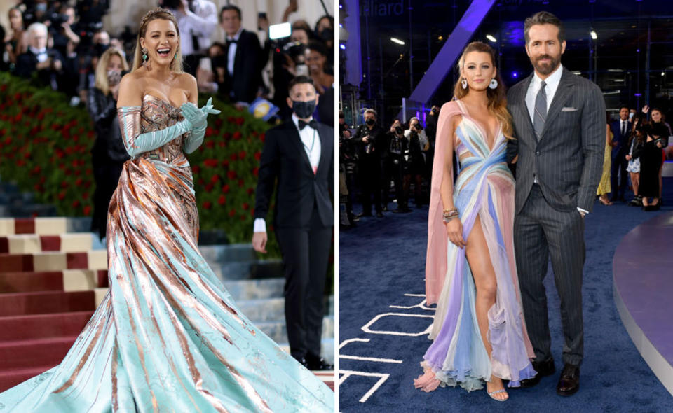 L: Blake Lively at the Met Gala 2022. R: Blake Lively and Ryan Reynolds on a red carpet in 2022