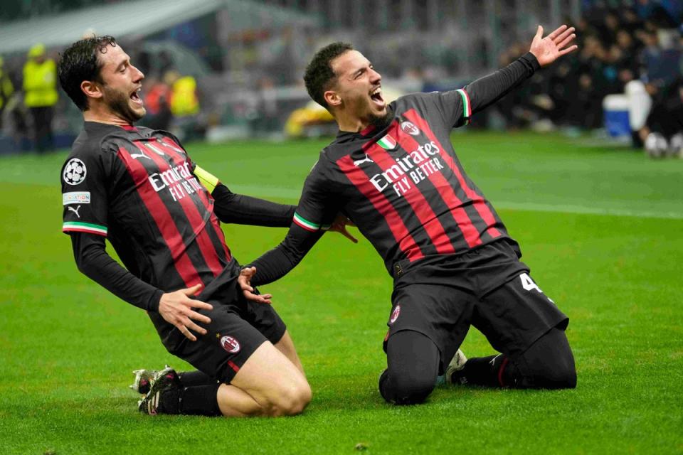 Ismael Bennacer’s first-half goal gives AC Milan a 1-0 advantage against Napoli in their Champions League quarter-final (Luca Bruno/AP) (AP)