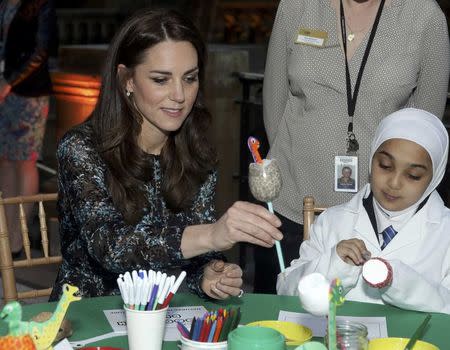 Britain's Catherine, Duchess of Cambridge makes a dinosaur egg whilst attending a children's tea party with pupils from Oakington Manor Primary School in Wembley, at the Natural History Museum in London, Britain November 22, 2016. REUTERS/Yui Mok/Pool