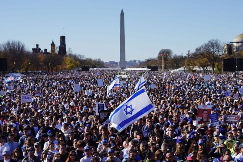 Demonstrators gather to denounce anti-Semitism at a March for Israel on the National Mall in Washington on November 14. Photo by Bonnie Cash/UPI