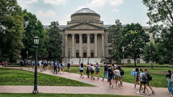 PHOTO: People walk on the campus of the University of North Carolina Chapel Hill on June 29, 2023, in Chapel Hill, N.C. (Eros Hoagland/Getty Images)