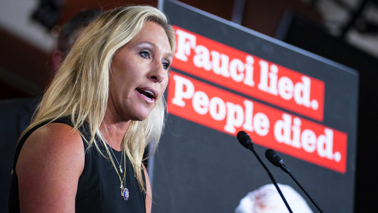 Representative Marjorie Taylor Greene, a Republican from Georgia, speaks during a news conference to call for the firing of Anthony Fauci at the U.S. Capitol in Washington, D.C., U.S., on Tuesday, June 15, 2021. (Sarah Silbiger/Bloomberg via Getty Images)