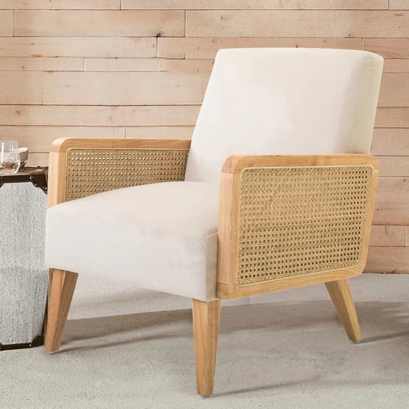 Esme Upholstered Accent Chair with Rattan Arms, Beige