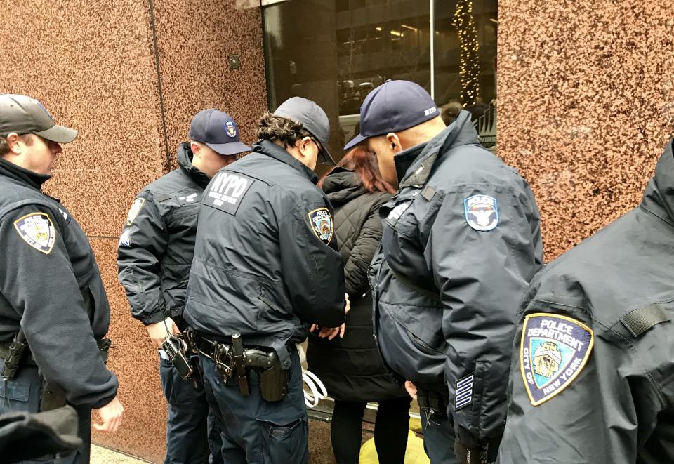 Police arrest a demonstrator outside the Manhattan office of Sen. Chuck Schumer, Jan. 17, 2018. (Photo: Caitlin Dickson/Yahoo News)