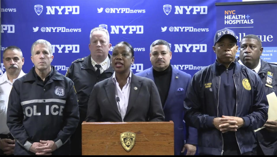 New York City Police Commissioner Keechant Sewell addresses the media during a news conference on Jan. 1, 2023.  A man wielding a machete attacked three police officers at the New Year's Eve celebration in New York City, authorities said.  / Credit: NYPD via AP