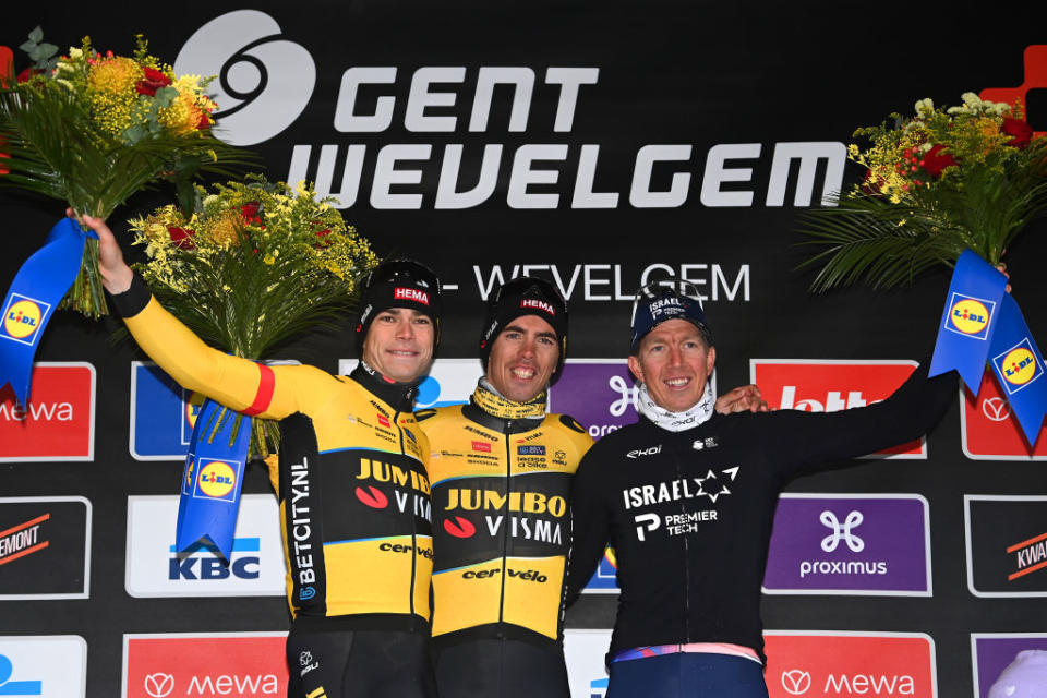 WEVELGEM BELGIUM  MARCH 26 LR Wout Van Aert of Belgium and Team JumboVisma on second place race winner Christophe Laporte of France and Team JumboVisma and Sep Vanmarcke of Belgium and Team Israel  Premier Tech on third place pose on the podium ceremony after the 85th GentWevelgem in Flanders Fields 2023 Mens Elite a 2609km one day race from Ypres to Wevelgem  UCIWT  on March 26 2023 in Wevelgem Belgium Photo by Tim de WaeleGetty Images