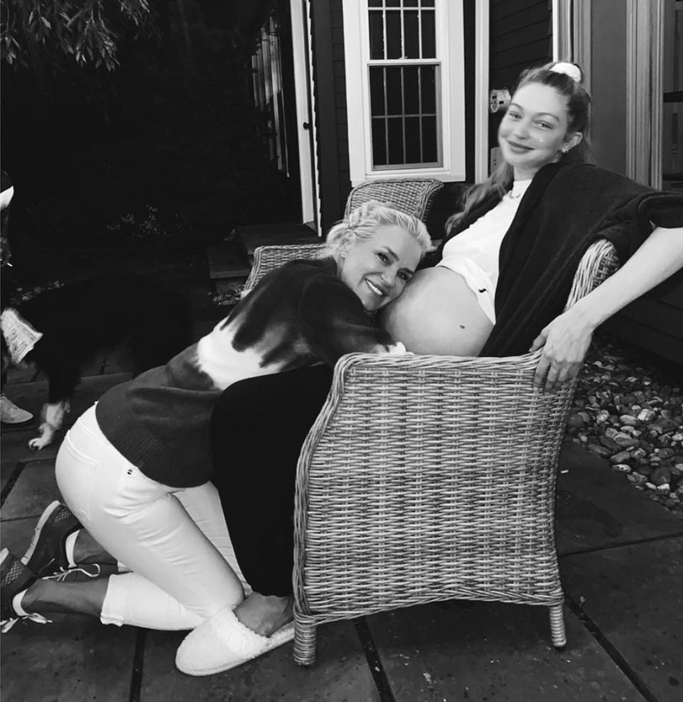 <p>The soon-to-be grandma shared a sweet photo hugging her supermodel daughter's bump. "Waiting patiently for her angel to be born," she captioned the photo.</p>