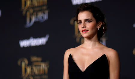 FILE PHOTO: Cast member Emma Watson poses at the premiere of "Beauty and the Beast" in Los Angeles, California, U.S. March 2, 2017. REUTERS/Mario Anzuoni/File Photo