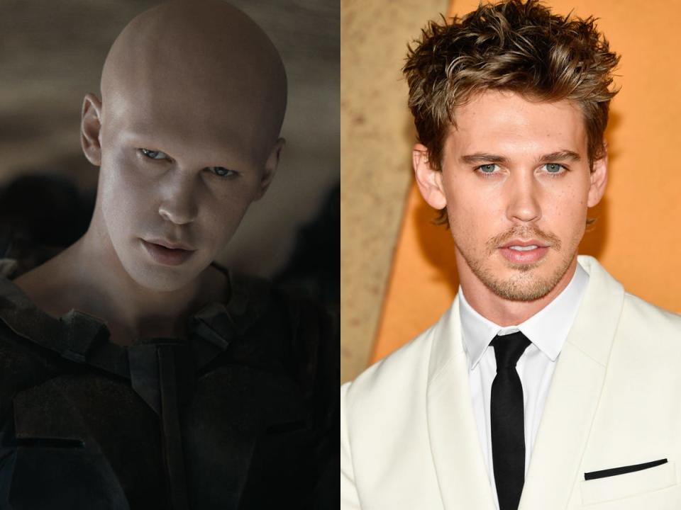 Austin Butler as Feyd-Rautha Harkonnen in "Dune: Part Two" and Butler at the NYC premiere of the film.