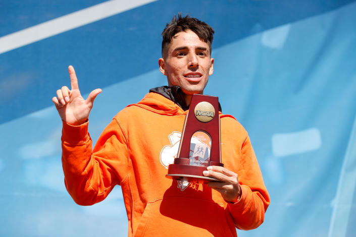 STILLWATER, OK - MARCH 15: Isai Rodriguez of the Oklahoma State Cowboys finishes in eighth place during the Division I Men&#39;s and Women&#39;s Cross Country Championships held at the OSU Cross Country Course on March 15, 2021 in Stillwater, Oklahoma. (Photo by Shane Bevel/NCAA Photos via Getty Images)