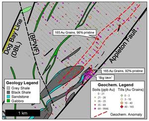 Location of till samples containing 165 gold grains along anomalous gold in soil zone.