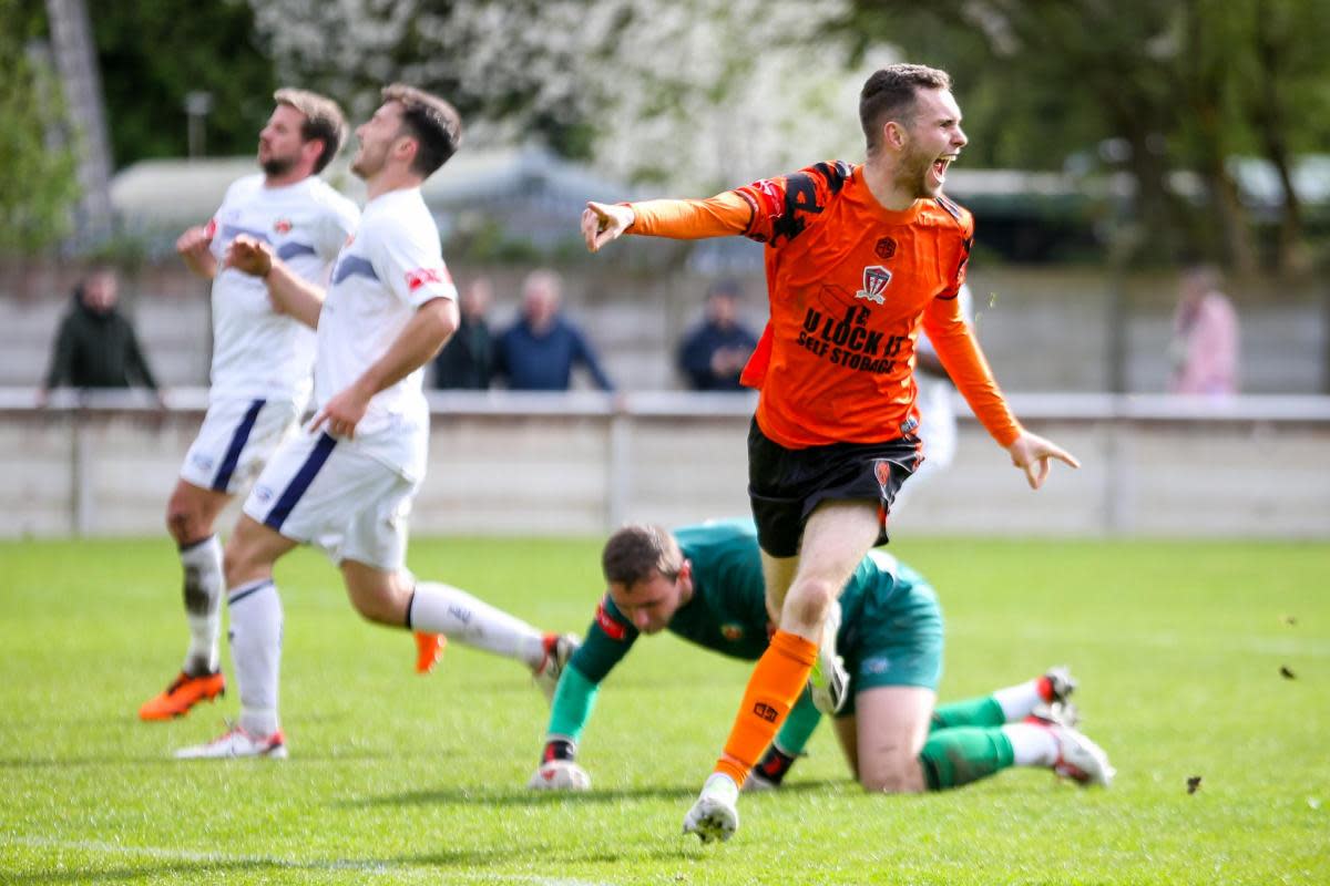 Joe Duckworth celebrates scoring for Witton Albion at Trafford <i>(Image: Karl Brooks Photography)</i>