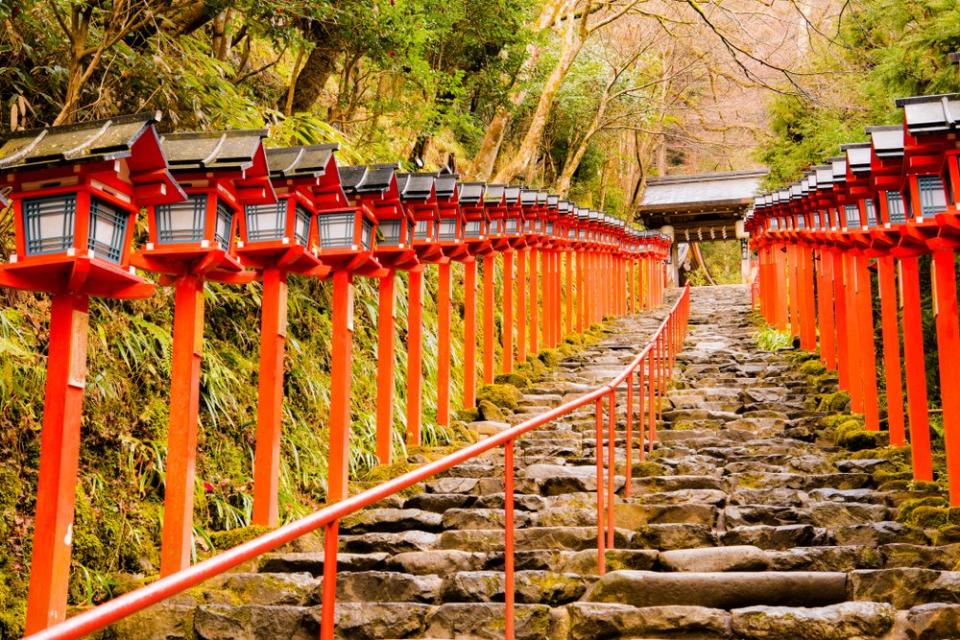 red lanterns leading up a path in Kyoto