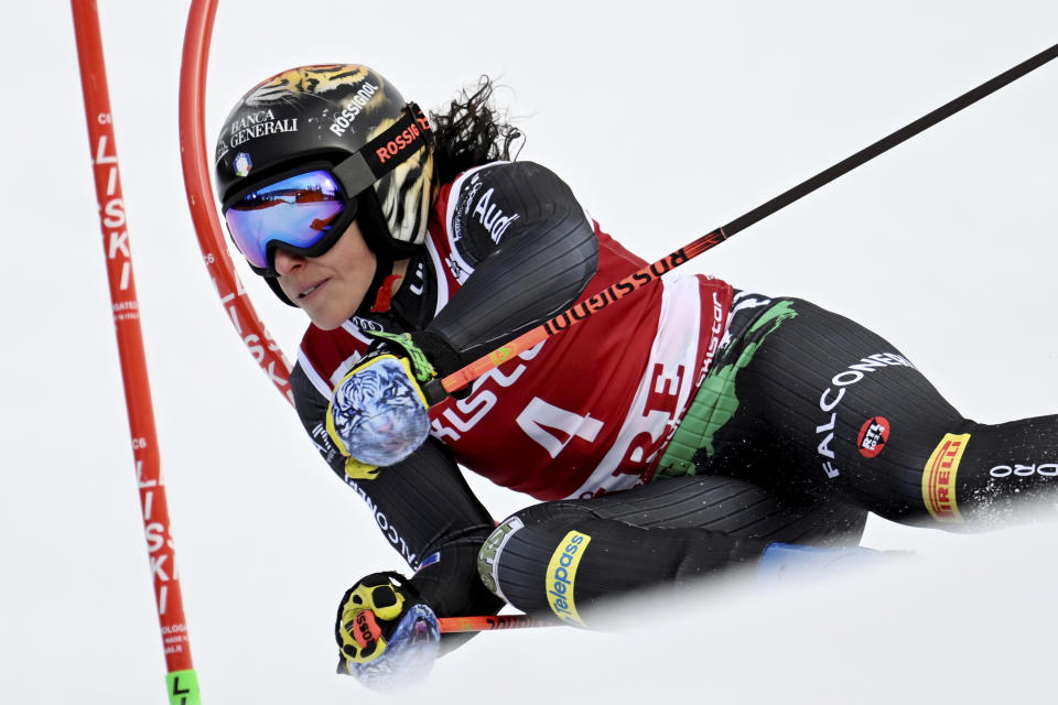 Italy's Federica Brignone speeds down the course during an alpine ski, women's World Cup giant slalom race, in Are, Sweden, Friday, March 10, 2023. (Pontus Lundahl/TT News Agency via AP)