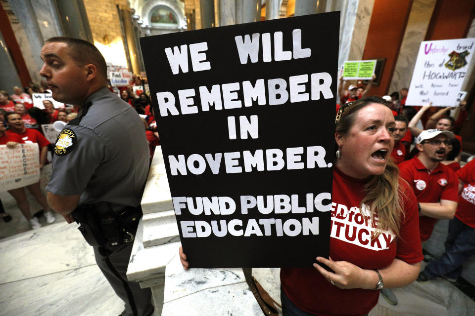 <p>Kentucky Public school teachers rally for a “day of action” at the Kentucky State Capitol to try to pressure legislators to override Kentucky Governor Matt Bevin’s recent veto of the state’s tax and budget bills in Frankfort, Ky., April 13, 2018. (Photo: Bill Pugliano/Getty Images) </p>