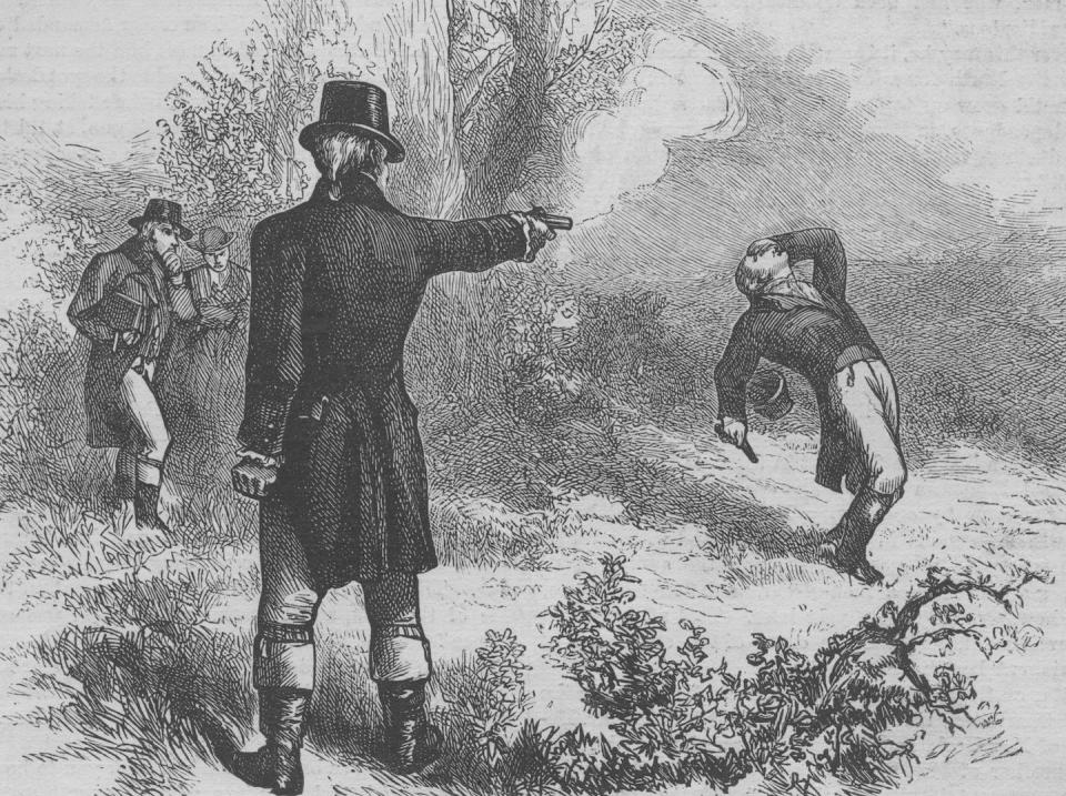 U.S. Vice President Aaron Burr did not throw away his shot in a duel with his political enemy Alexander Hamilton; he killed him. <a href="https://www.gettyimages.com/detail/news-photo/an-engraved-illustration-of-the-burrhamilton-duel-this-was-news-photo/98761796?adppopup=true" rel="nofollow noopener" target="_blank" data-ylk="slk:Kean Collection/Getty Images;elm:context_link;itc:0;sec:content-canvas" class="link ">Kean Collection/Getty Images</a>
