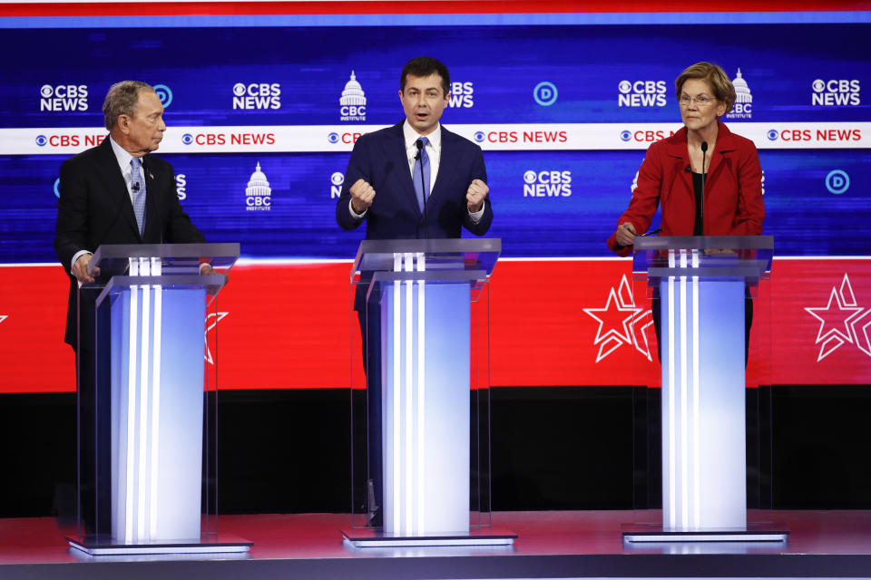 From left, Democratic presidential candidates, former New York City Mayor Mike Bloomberg, former South Bend Mayor Pete Buttigieg, and Sen. Elizabeth Warren, D-Mass., participate in a Democratic presidential primary debate at the Gaillard Center, Tuesday, Feb. 25, 2020, in Charleston, S.C., co-hosted by CBS News and the Congressional Black Caucus Institute. (AP Photo/Patrick Semansky)