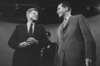 <p>John F. Kennedy and Richard Nixon exchange smiles prior to their first televised presidential candidate TV debate. </p>